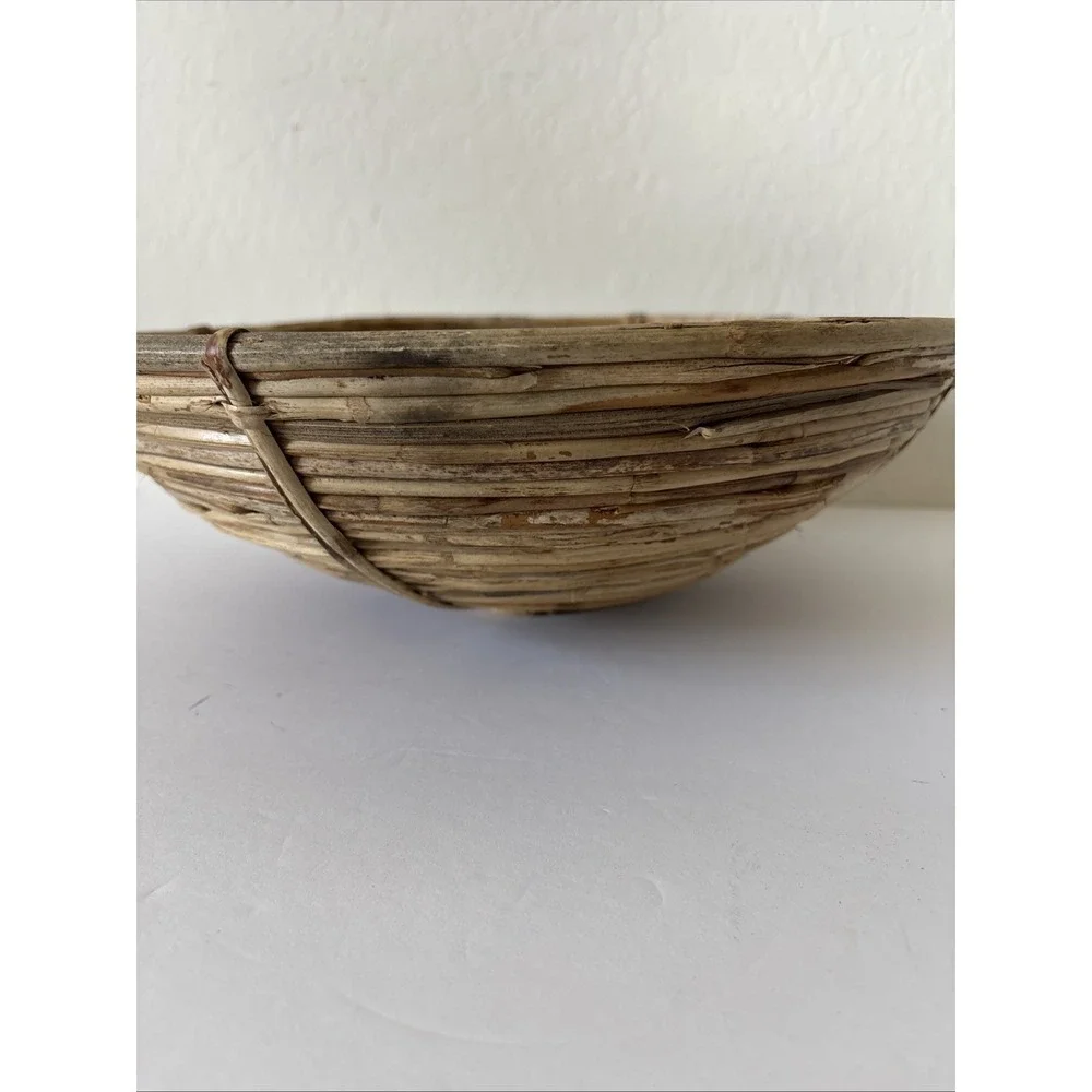 Vintage 60s MCM Pencil Reed Bamboo Rattan Bowl Basket Large